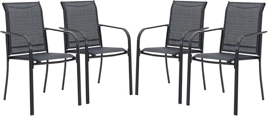 VICLLAX Patio Stackable Dining Chairs Set for 4, Outdoor Sling Chairs with Metal Frame for Front Porch Balcony Backyard Garden and Deck, Black Grey
