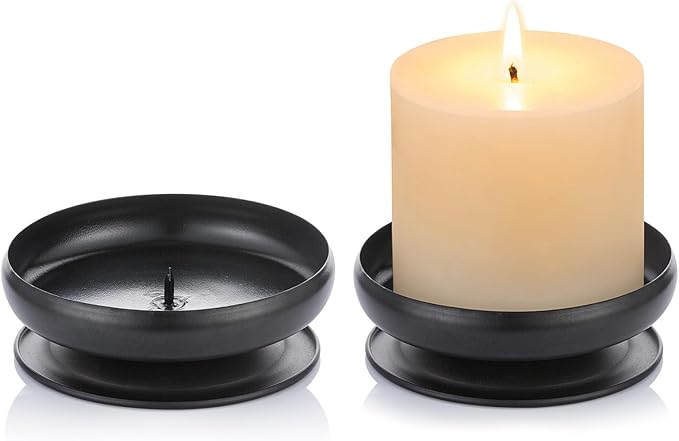 Set of 2 Black Iron Pillar Candle Holders Spike Candle Holder 3.6"/ 9cm Diameter. Ideal for Wax or LED Candle Gardens, Spa, and Aromatherapy, Incense Cones, Wedding, Party, Spa, as Pedestal