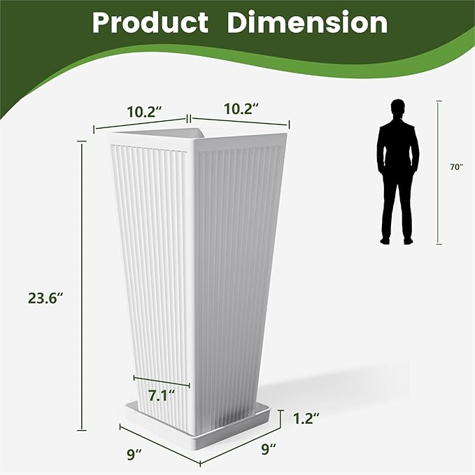 Tapered Tall Planters for Outdoor Plants 2 Pack- 23.6 Inch Square Indoor Flower Pots with Drainage Holes and Partition/Tray Saucers, Large Outdoor Planters for Porch Patio Garden, White