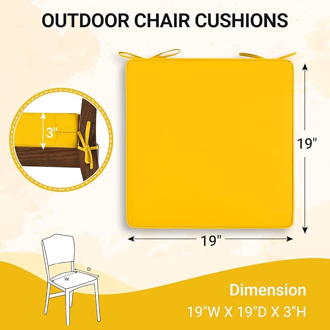 downluxe Waterproof Outdoor Chair Cushions Set of 4, 19" x 19" x 3" Patio Chair Cushion with Non-Slip Ties & Handle, Square Outdoor Cushion for Patio Furniture with Removable Cover, Yellow