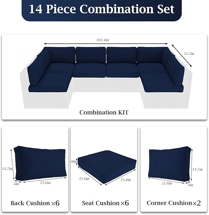 Outdoor Sectional Cushions, 4" Foam High-Density, Water-Resistant Couch Cushions Replacement Set, 14 Piece Patio Sectional Cushion for 6-Seat Sectional Patio Conversation Sets (Dark Blue)