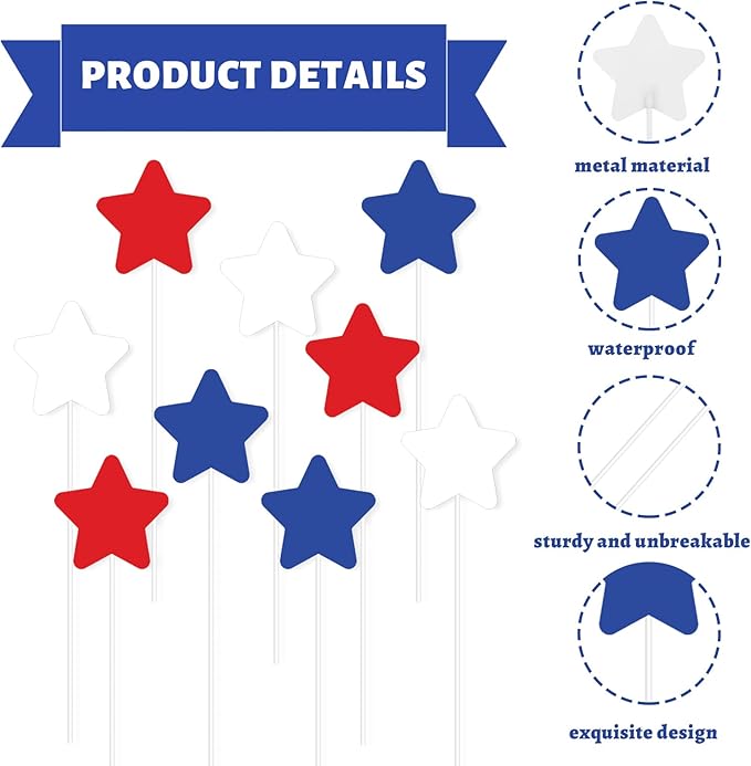 JarThenaAMCS 9Pcs Patriotic Star Metal Planter Stakes 4th of July Star Decorative Garden Stakes Red Blue White Yard Sign for Planter Pot Walkway Lawn Independence Day Decor