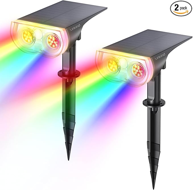 Linkind Solar Lights Outdoor Waterproof IP65, StarRay RGB Solar Spot Lights Outdoor, Color Changing Outdoor Solar Lights for Yard, Garden, Pathway, Holiday Decorations (Multicolor, 2 Pack)