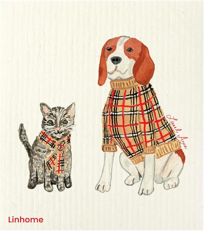 Christmas Holiday Swedish Dishcloth, Cats & Dogs Collection, Reusable Paper Towel, Super Absorbent Cellulose Sponge, Washable Kitchen Cleaning Cloth (Cat & Dog Holiday - 1 Pack)
