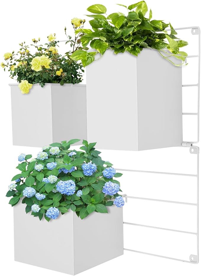 Vertical Garden Wall Planter, Wall Mounted Plant Holder with Grid and 3 Pots, Indoor Outdoor Hanging Garden Planter for Patio Herb Load Capacity 44.09 lbs 19.69x19.69inch (White)