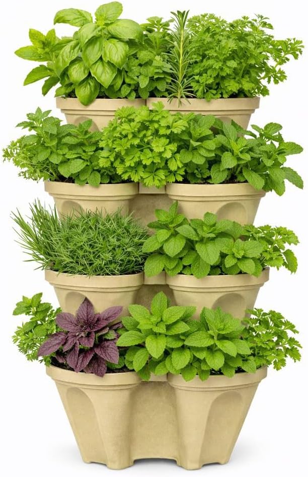 Vertical Garden Planter 4 Tier Stackable System 16 Plants, Space Saving Herb, Strawberry & Food Crop Planter with Center Support Hole for Indoor Outdoor Gardening (4, Desert Sand, Large)