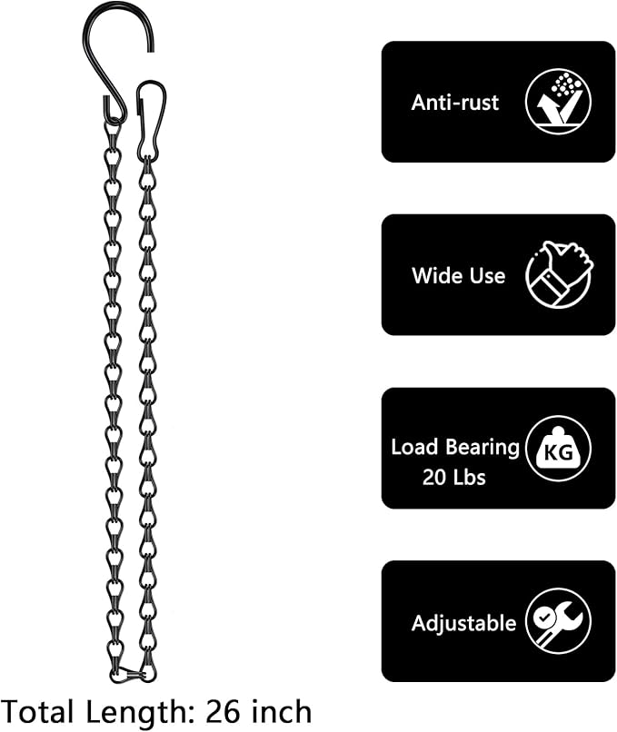 garini 26 Inch Hanging Basket Chain with Hooks, Black Hanging Chain for Hanging Bird Feeders, Billboards, Chalkboards, Basket, Planters, Lanterns, Wind Chimes and Decorative, 4 Pack