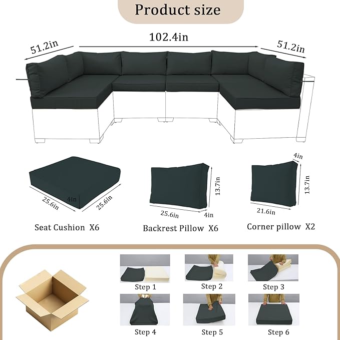 14 Pieces Outdoor Sectional Replacement Cushions for Patio Furniture, 4in Thick Outdoor Sofa Cushions for 6 Seat, Waterproof Deep Seat Couch Patio Cushion Set (Dark Gray)