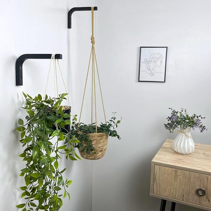 EvenWood 2-Piece Set of Plant Hooks for Wall 6 inch - Mounted Wooden Plant Hook - Indoor and Outdoor Bracket Plant Hanger for Planters, Lanterns, Bird Feeders, Patio Decorations (Black)
