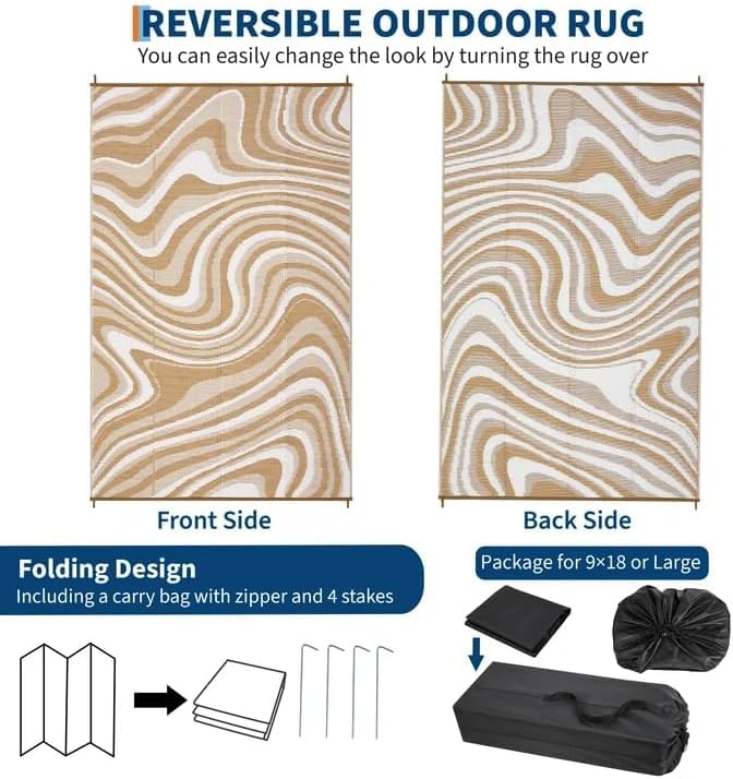 Waterproof Plastic Straw Outdoor Rug 9x18 Patio Reversible UV Resistant Foldable Camping Carpet Modern Abstarct Large Outdoor Rugs for Deck, Porch, Camper, Balcony, Beach，Brown/Coffee/White
