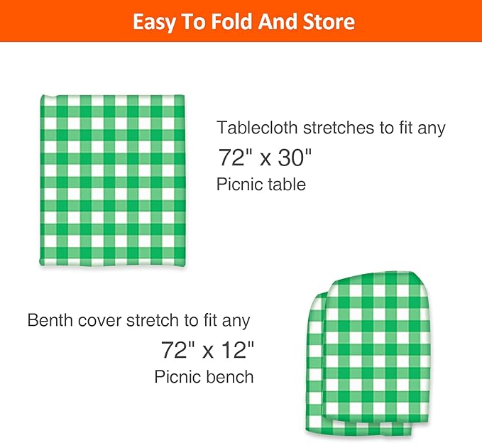 KENOBEE 6ft Picnic Table and Bench Cover, Camping Essentials RV Gear, 72in Waterproof Windproof Outdoor Elastic All Around Tablecloth, Fitted Rectangle Tables and Seats, Green-White Checkered
