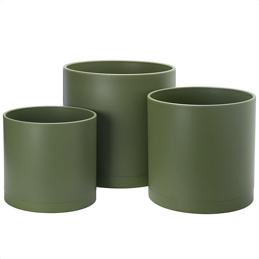 D'vine Dev 10 Inch 12 Inch 14 Inch, Set of 3 Plastic Planter Pots for Plants with Drainage Hole and Seamless Saucers, Olive, XX-Large, 74-V-I-6
