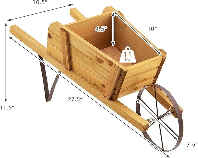 S AFSTAR Wood Wheelbarrow Planter, Flower Plant Pot Cart w/Metal Wheel & 9 Replaceable Magnet Accessories, Wooden Wagon Planter Decor for Outdoor Garden Backyard (Natural)