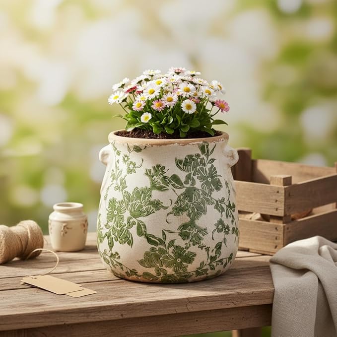 Ceramic Flower Vase Home Decor, Farmhouse Cottagecore Vases & Planting Pots with Drainage, English Cottage Kitchen Dining Table Decorations for House Living Room Bookshelf, Green