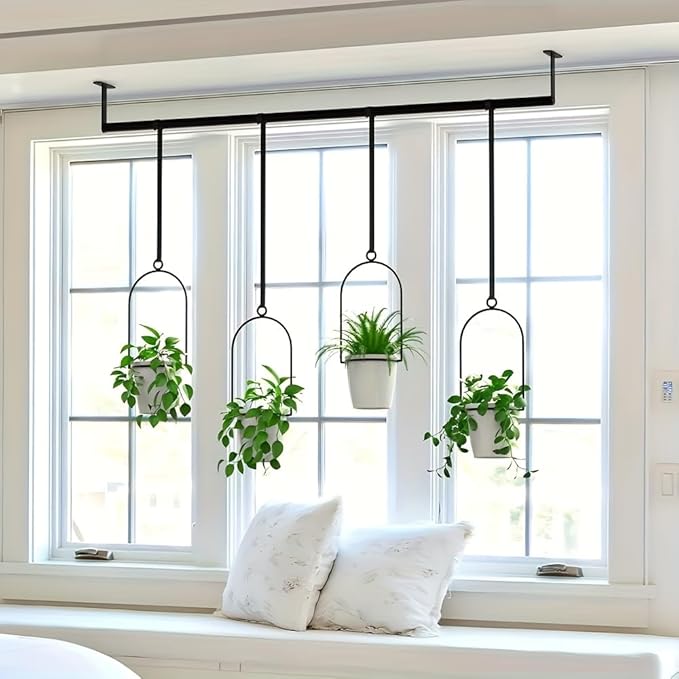 Metal Adjustable Hanging Flower Pots Set with 4 Plastic Pots, Indoor and Outdoor Wall Plant Hanger with Nylon Rope for Windows and Ceiling Herb Garden, 41.4-48 Inches, White and Black