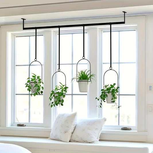 Metal Adjustable Hanging Flower Pots Set with 4 Plastic Pots, Indoor and Outdoor Wall Plant Hanger with Nylon Rope for Windows and Ceiling Herb Garden, 41.4-48 Inches, White and Black