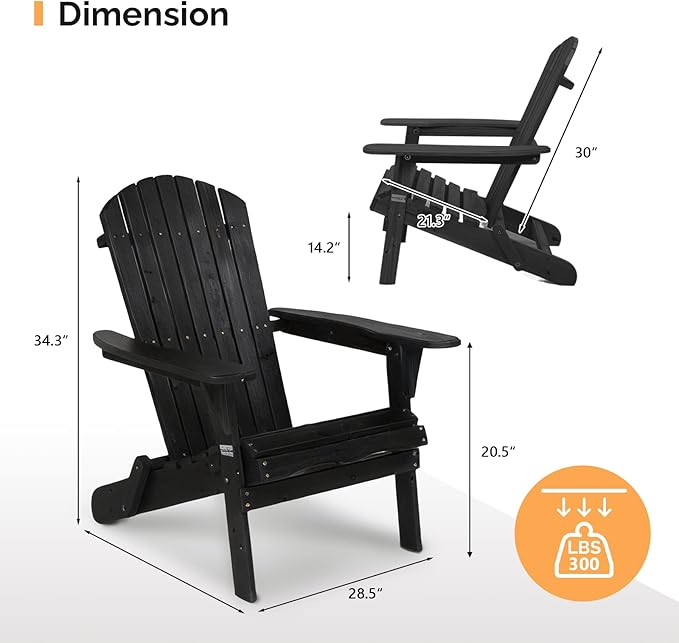 VINGLI Folding Adirondack Chairs Set of 1, Wood Adirondack Chair for Outdoor, Foldable Fire Pit Chairs for Patio, BBQ, Porch, Yard, Pool, Black