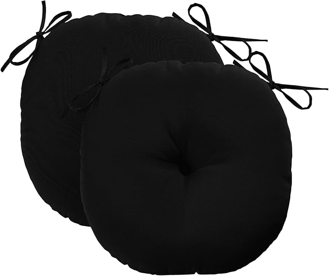 downluxe Bistro Chair Cushions for Patio Furniture, Water-Resistant Round Outdoor Chair Cushions Set of 2 with Non-Slip Ties, 15" x 15", Black