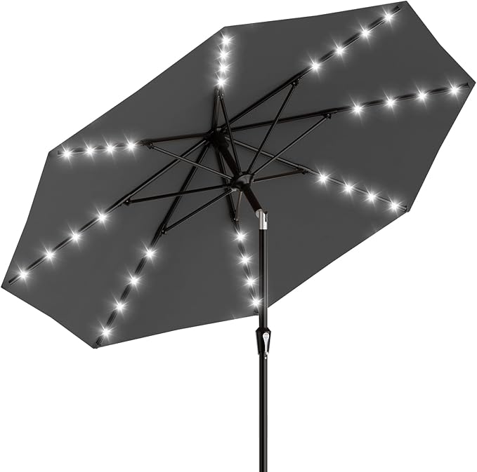 AreShark 9FT Patio Umbrella with Solar Lights, 32 LED Lighted Pool Umbrella w/Tilt and Crank, Outdoor Market Solar Umbrellas for Garden, Deck, Backyard, Pool and Beach, Gray