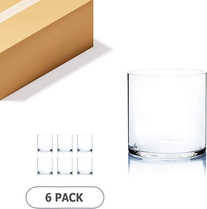 WGVI Thick Weighted Clear Right Cylinder Glass Vases, 7" W x 7" H, Equilateral Cylinder Glass Candle Holders Flower Arrangement Centerpieces Tabletop Storage Container Decor, Bulk Wholesale, 6 Pcs