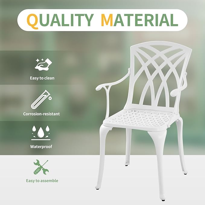 Cast Aluminum Patio Chairs Set of 2, All Weather Outdoor Bistro Chairs with Armrest, White Metal Outdoor Dining Chairs for Garden, White