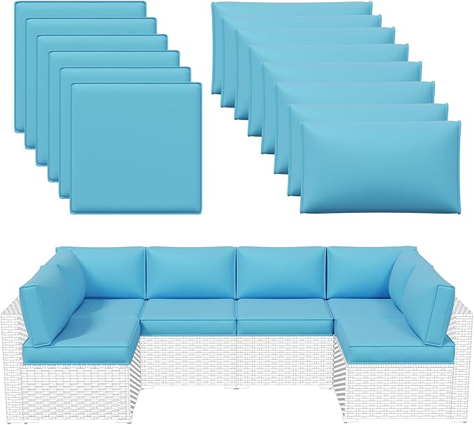 Aoxun Outdoor Replacement Cushions for Patio Furniture, Waterproof Sofa Cushion for 6-Seat Rattan Wicker Sectional Patio Conversation Sets, 14-Piece Cushions Set for L-Shape Couch, Sky Blue | Breathable Fabirc, Non-slip Bottom, Removable Cover, Bullhor...