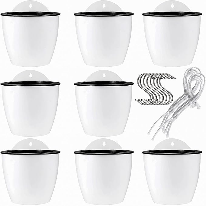 JAPCHET 8 Pack 7 Inch Self Watering Hanging Planters, Wall Hanging Plastic Planter Pot with 8 Hooks, Lazy Flower Pots for Indoor Outdoor Window Wall Plants, White