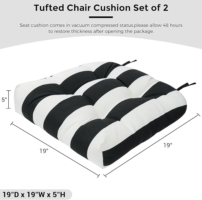 FUNHOME Outdoor Chair Cushions Set of 2,19 x19 Inch,Waterproof Tufted Patio Seat Cushions with Ties,Reversible,All Weather,Round Corner Wicker Chair Cushion for Outdoor Furniture(Black White)