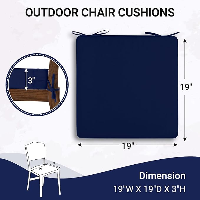 downluxe Outdoor Chair Cushions Set of 4, Waterproof 19" x 19" x 3" Patio Chair Cushion with Non-Slip Ties & Handle, Square Outdoor Cushion for Patio Furniture with Removable Cover, Navy