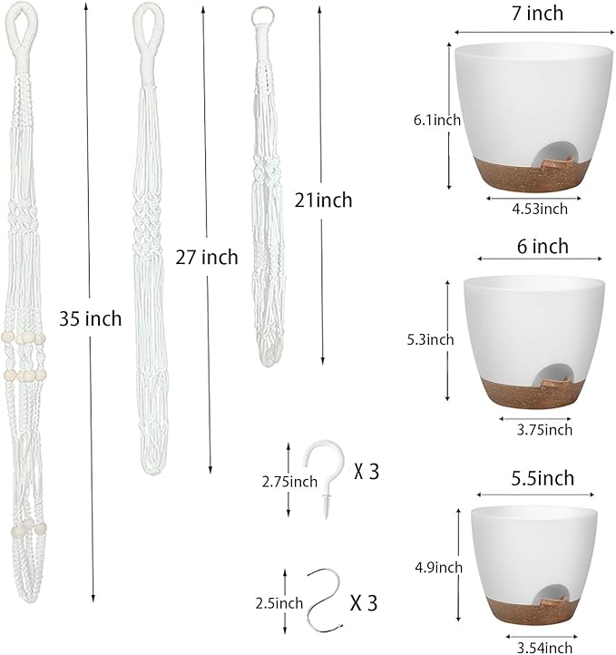 Hanging Planters with Macrame Plant Hangers for Indoor Outdoor Plants, 3 Set Hanging Baskets Flower Pots Holders 35''/27''/21'', Self-Watering Pots 7''/6''/5.5'', Boho Home Decor, White