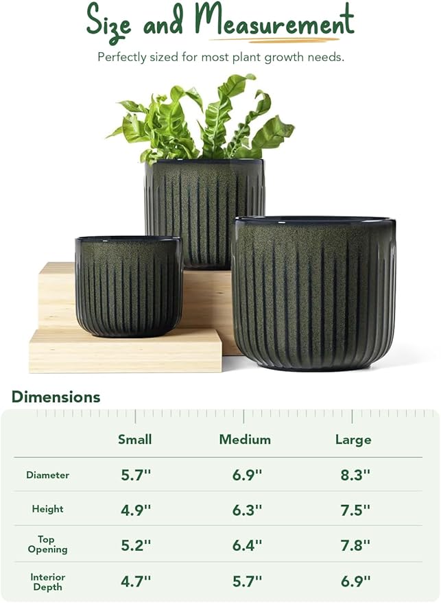 LE TAUCI Fluted Ceramic Pots for Plants, 8.3/7/6 Inch Indoor Planters with Drainage Holes & Mesh, Modern Glossy Glaze Cylinder Plant Pot for Snake Plant, Set of 3, Dark Olive