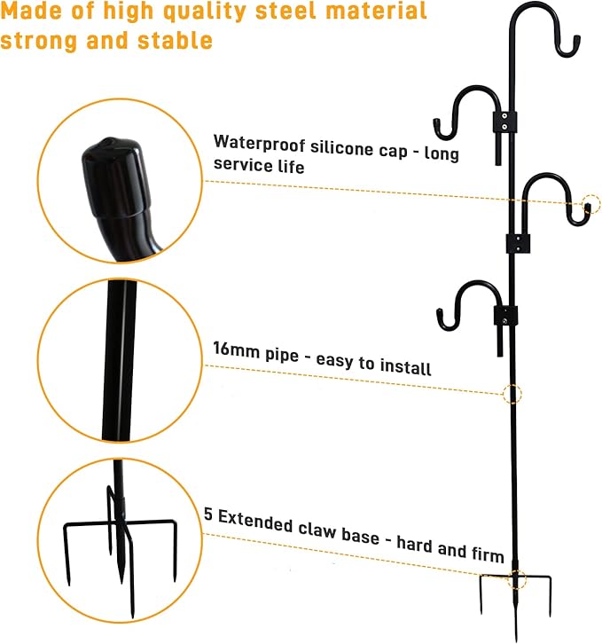 Shepards Hooks for Outdoor Adjustable Bird Feeder Pole with 5 Base Prongs 76 Inch Heavy Duty Garden Hanging Holder for Lanterns, Solar Lights, Bird Feeder, Wedding, Planter Pot-4 Hooks