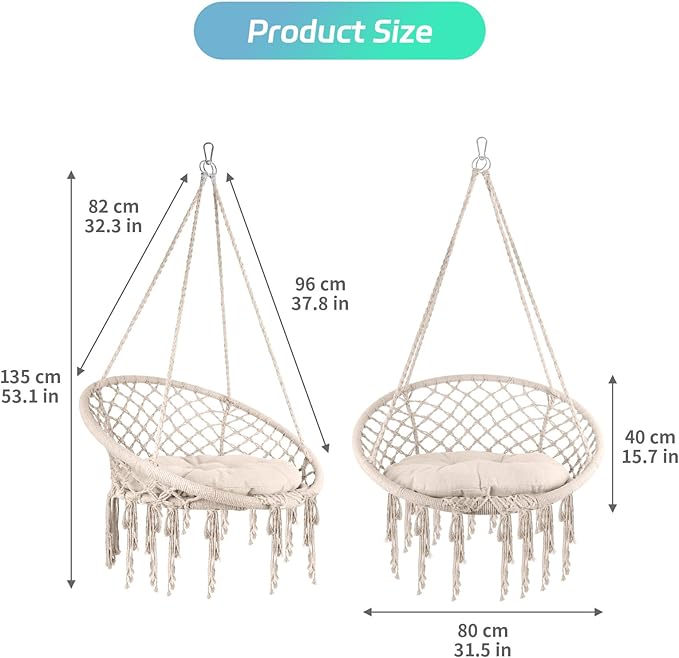 Hammock Chair Macrame with Stand & Cushion, 500 LBS Heavy Duty Swing Chair, 31.5" Wide Seat, Steel O-Rings for Indoor Outdoor Bedroom and Balcony Garden (Beige)