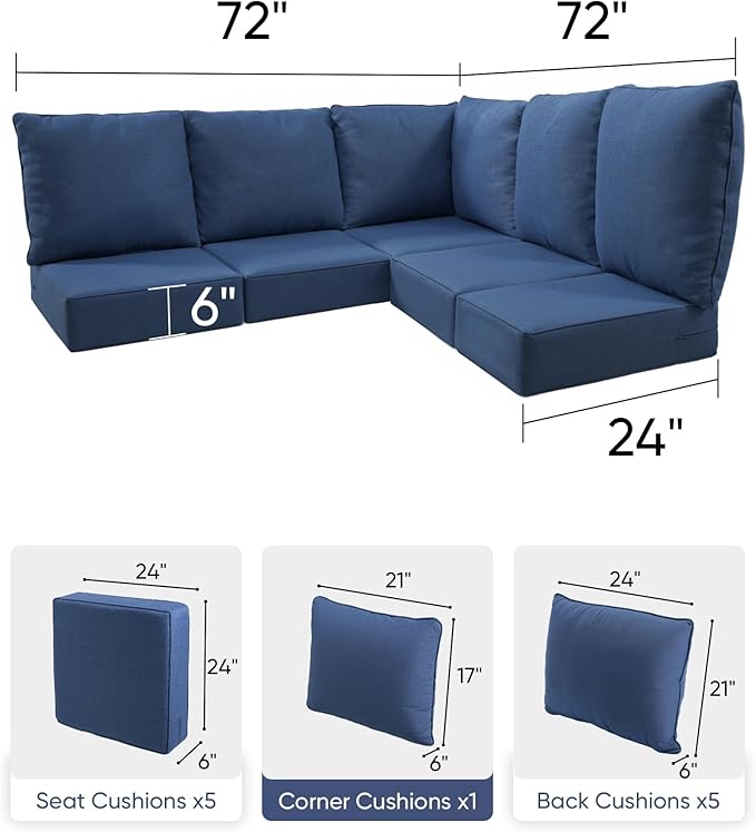 Luxury 24x24x6 Outdoor Cushions for 5-Seat Sectional Sofa Set of 5 - Water-Repellent 11-Piece Patio Cushion Set for Outside Rattan Wicker Loveseat Chair L-Shape Couch - Navy Blue/Classic