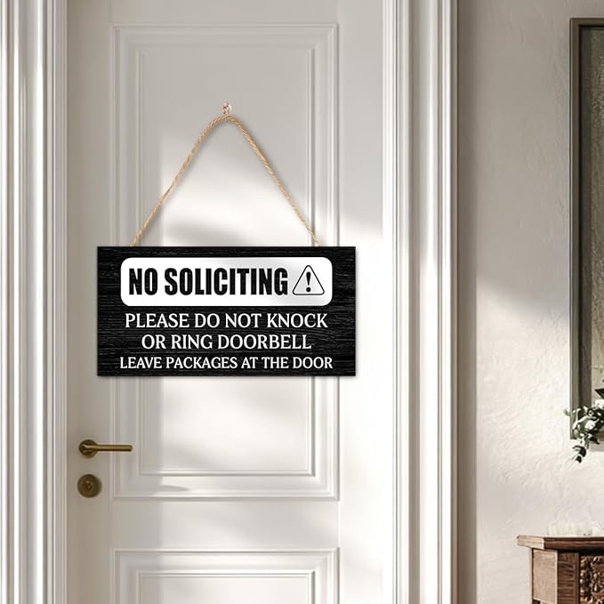 No Soliciting Wood Hanging Sign for Front Door,Do Not Knock or Ring Doorbell House Welcome Sign