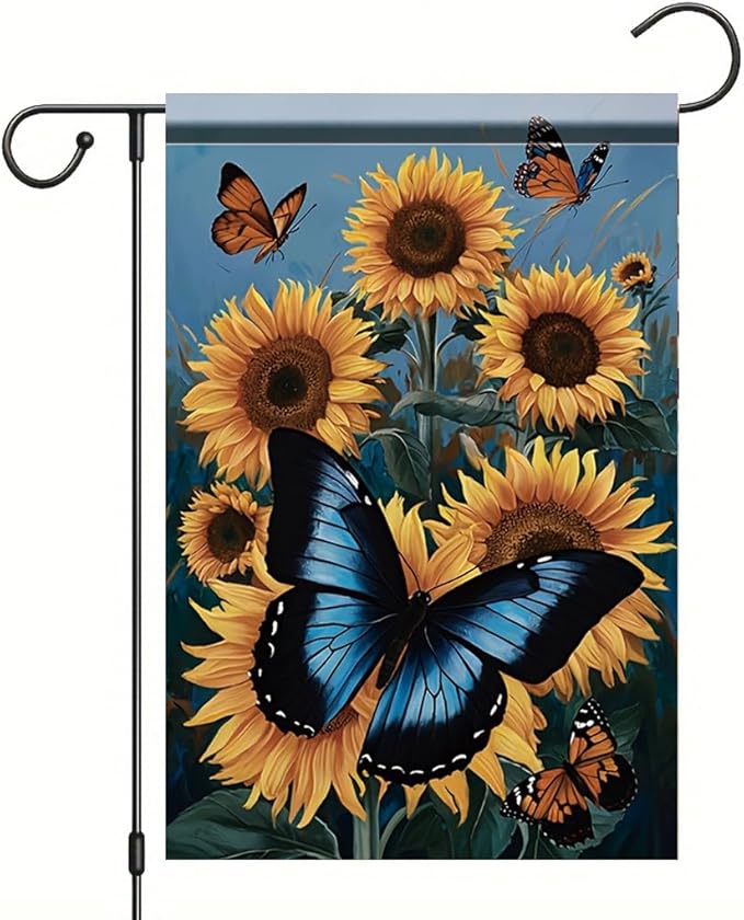 Sunflower Butterfly Garden Flag 12x18 Inch Double Sided Outdoor Yard Banner Blue and Orange Butterfly with Sunflowers for Spring Summer Patio Porch Lawn Home Decoration