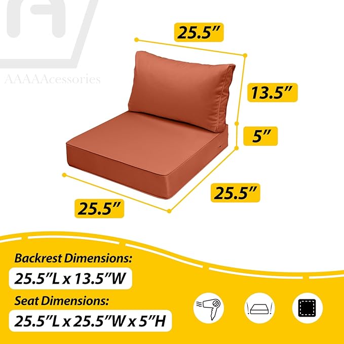 AAAAAcessories Outdoor Seat Cushions for Chairs, Fade-Resistant, Waterproof Patio Furniture Replacement Cushions, 25.5" x 25.5" x 5" + 25.5" x 13.5", Rust