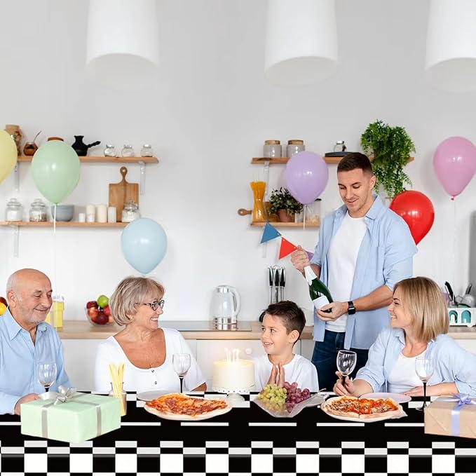 3 Pieces Race Car Checkered Tablecloth - 54x108 Disposable Black and White Motor Racing Themed Plastic Table Cover for Birthday Decorations for Kids and Adults, Race Car Birthday Party Supplies