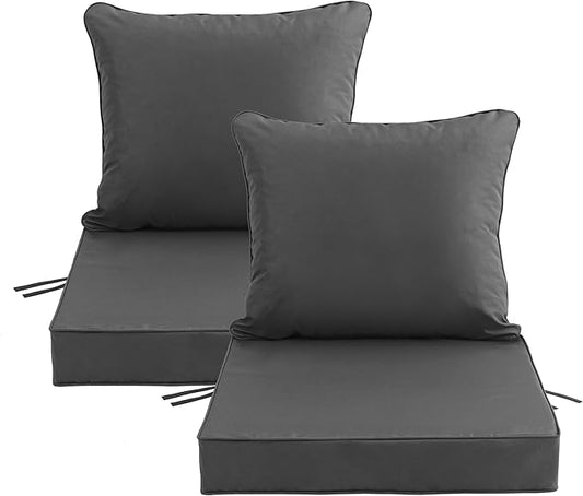 24x24 Inch Outdoor Chair Cushions Set of 2, Patio Furniture Cushions - Removable Cover, Water-Repellent, Fade-Resistant, Non-Slip Bottom & Straps, Replacement for Deep Seat Sofa & Couch - Dark Grey