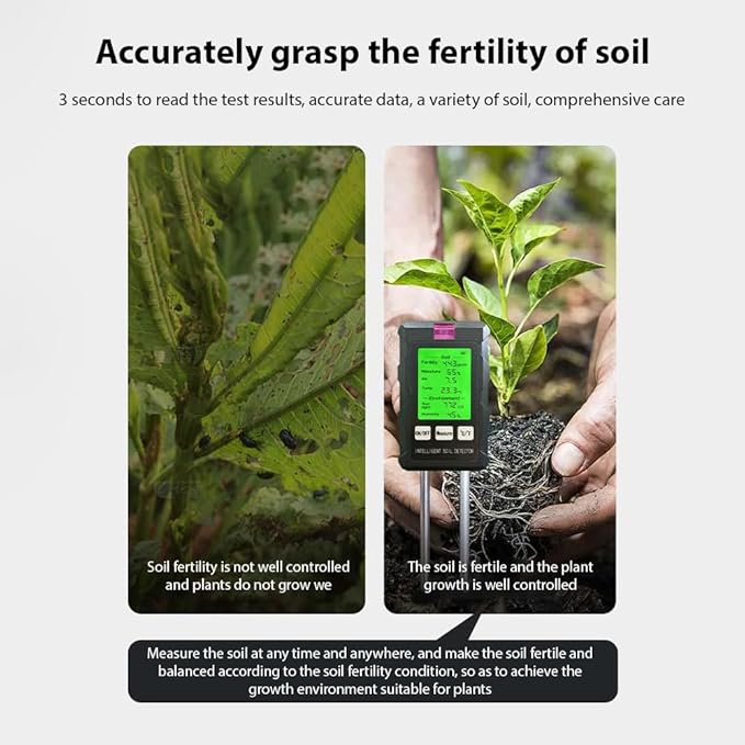 Soil Moisture Meter 6-in-1 Soil Ph Meter Moisture/Fertility/pH/Temperature/Humidity/Light 90-Degree Rotatable Backlight LCD display Soil Tester Gardening Tool for Lawn Farm Garden Indoor Outdoor Use