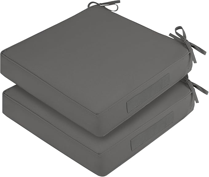 Waterproof Outdoor Chair Cushions Set of 2, Square Outdoor Seat Cushions with Ties and Removable Covers, 19 x 19 Outdoor Cushions for Patio Furniture with Portable Handle(Grey)
