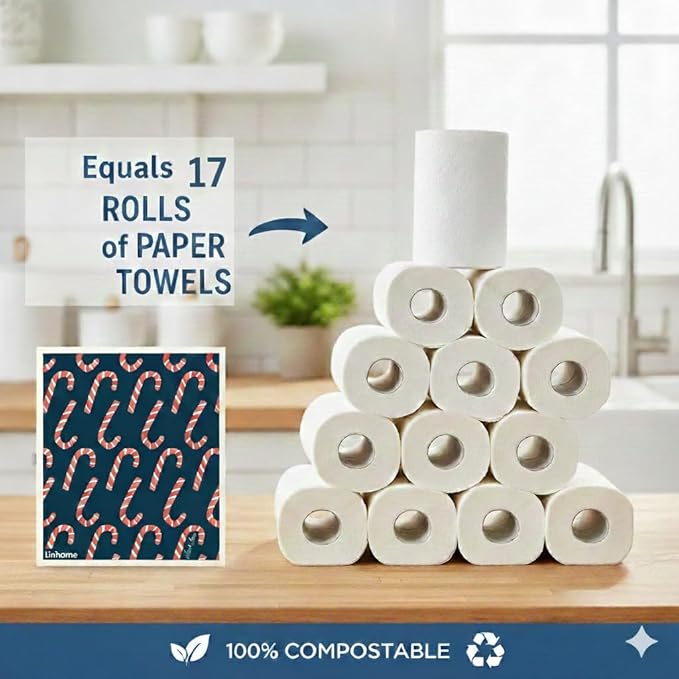 Christmas Holiday Swedish Dishcloth, Reusable Paper Towel, Super Absorbent Cellulose Sponge, Washable Kitchen Cleaning Cloth (Holiday Candy Cane - 1 Pack)