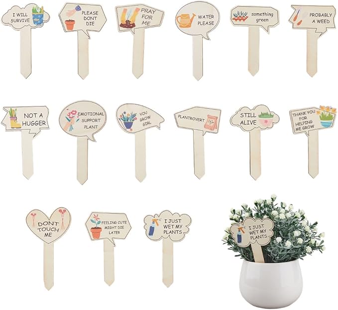 15pcs Plant Garden Signs 15 Styles Funny Wooden Plant Markers T-Type Garden Labels with Stable Sharp Bottom for Vegetable Flowers Garden Potted Plants