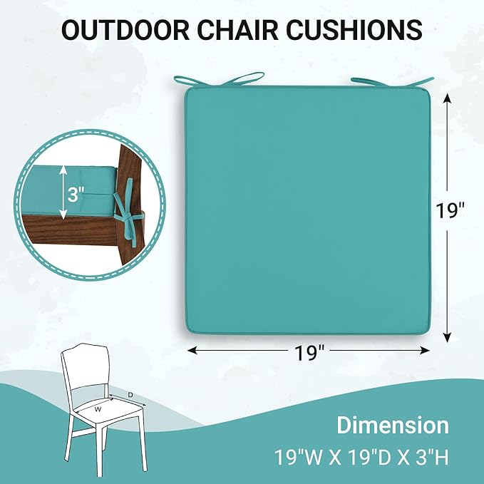 downluxe Waterproof Outdoor Chair Cushions Set of 2, 19" x 19" x 3" Patio Chair Cushion with Non-Slip Ties & Handle, Square Outdoor Cushion for Patio Furniture with Removable Cover, Teal