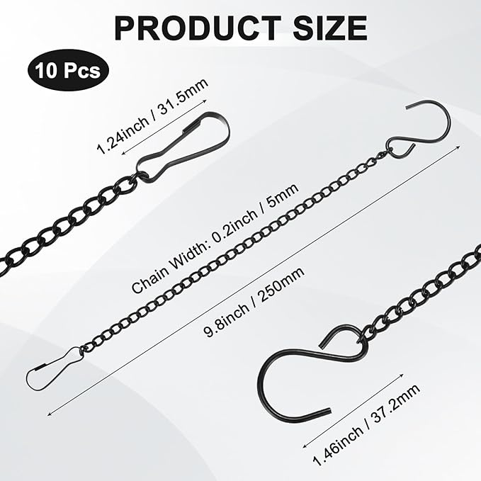 10-Pack Chain for Hanging Plants, 25cm(10 Inch) Adjustable Hanging Chain with Clips for Bird Feeder/Planter/Lantern/Wind Chime, Iron Basket Extender Hanger [Black]