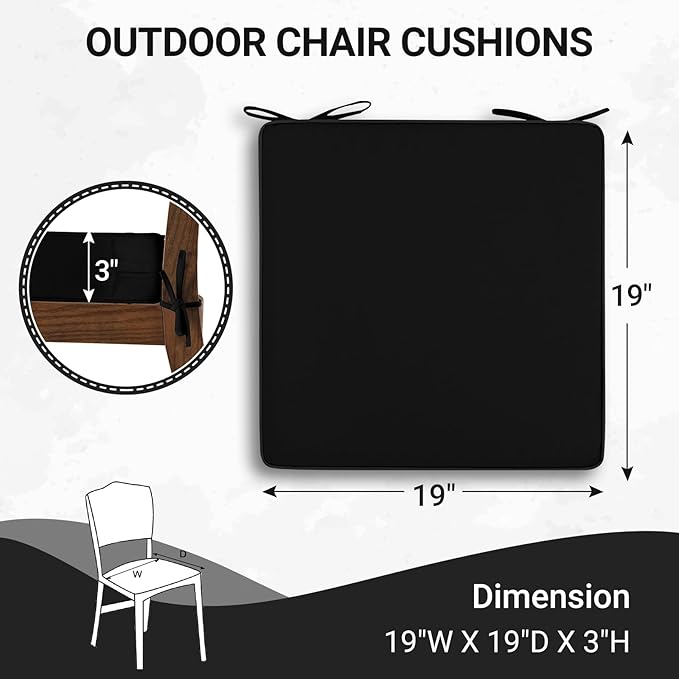 downluxe Waterproof Outdoor Chair Cushions Set of 2, 19" x 19" x 3" Patio Chair Cushion with Non-Slip Ties & Handle, Square Outdoor Cushion for Patio Furniture with Removable Cover, Black