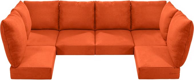 Luxury 24x24x6 Outdoor Seat Cushions for 6-Seat Sectional Sofa Set of 6 - Water-Repellent 14-Piece Patio Cushion Set for Outside Rattan Wicker Loveseat Chair L-Shape Couch - Orange/Classic