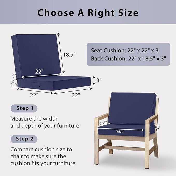 Waterproof Outdoor Chair Cushions 22x22, Memory Foam Outdoor Cushions for Patio Furniture with Removable Cover, Deep Seat Cushions for Outdoor Furniture with Ties and Handle, Navy