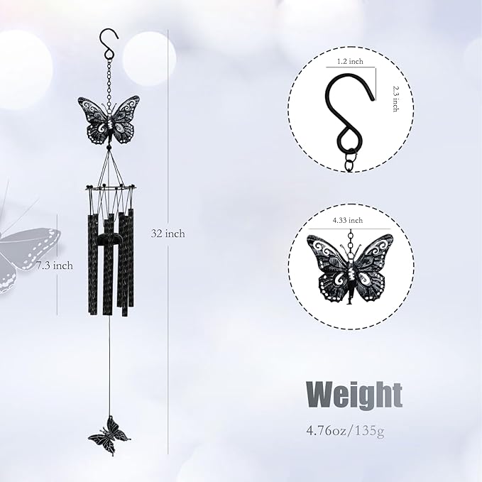32'' Unique Butterfly Wind Chime for Outside Clearance, Garden Metal Windchimes for Outdoors Patio Decor(Black White)