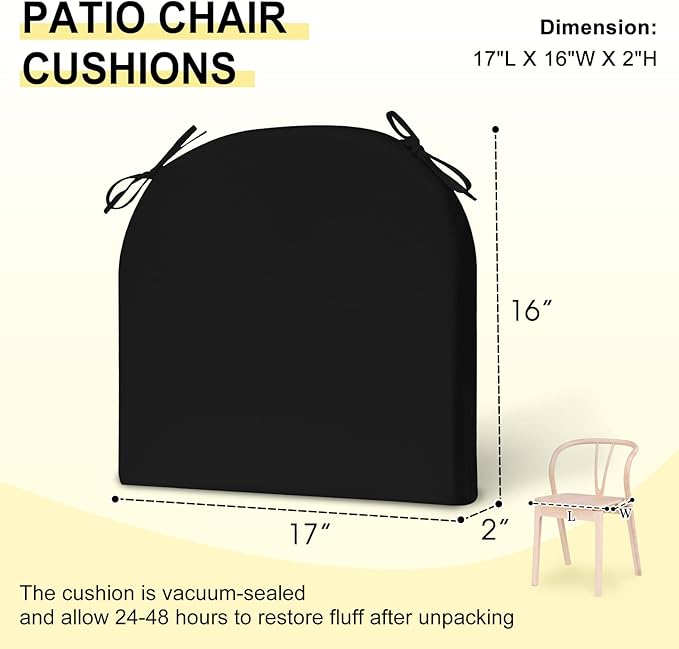 downluxe Outdoor Chair Cushions Set of 2 for Patio Furniture, Water-Resistant Patio Chair Cushions with Ties, High Density Foam Outdoor Seat Cushion, 17" X 16" X 2", Black